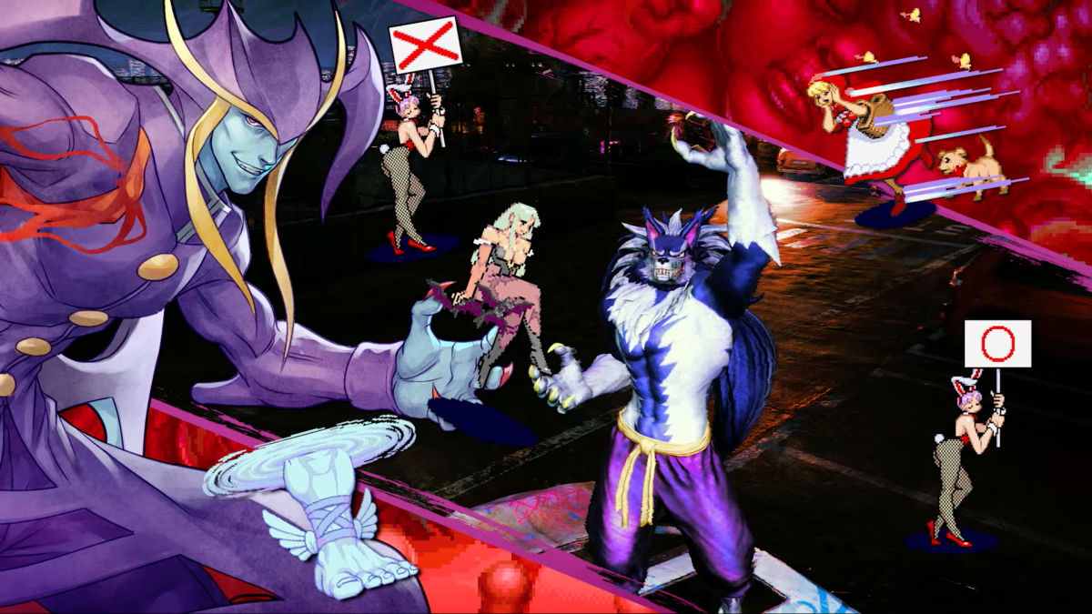 A Street Fighter 6 screenshot of a player character in a Jon Talbain outfit surrounded by Darkstalkers stickers.