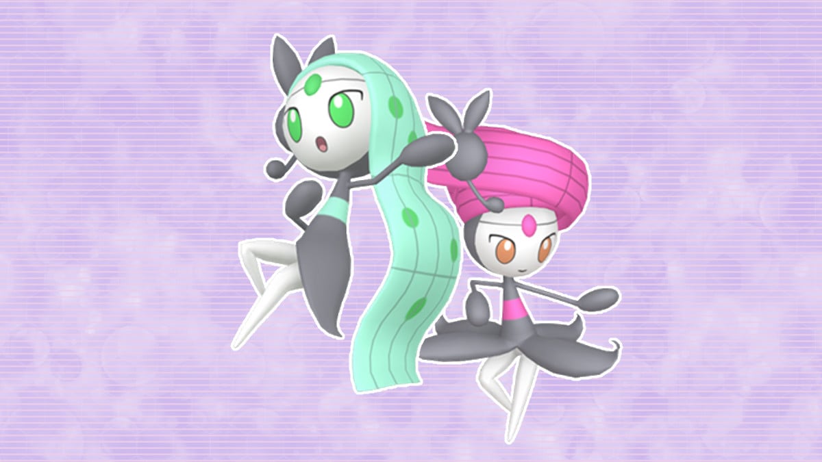 An image featuring shiny Aria Forme and shiny Pirouette Forme Meloetta from Pokemon HOME in front of a pink and purple abstract background.