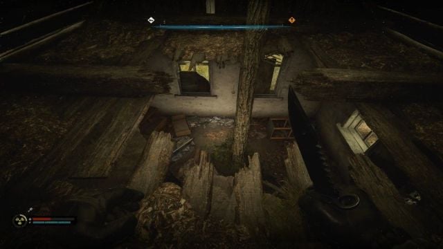 Descending using hole in the roof of bandit cabin in Stalker 2