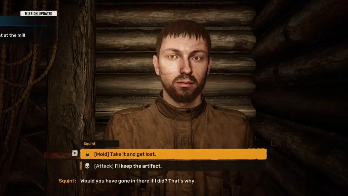 The player is posed with a choice to either kill Squint or help him in Stalker 2.