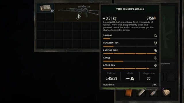 Valik Lummox's AKM-74S weapon stats in Stalker 2