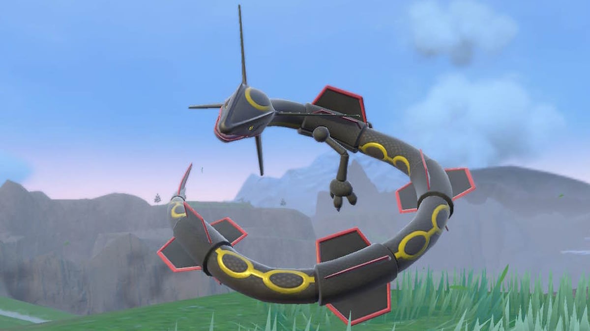 A Pokemon Scarlet and Violet screenshot of a shiny Rayquaza.