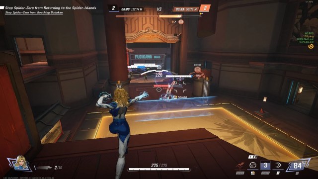 Invisible Woman providing heals and attacking from elevated platform