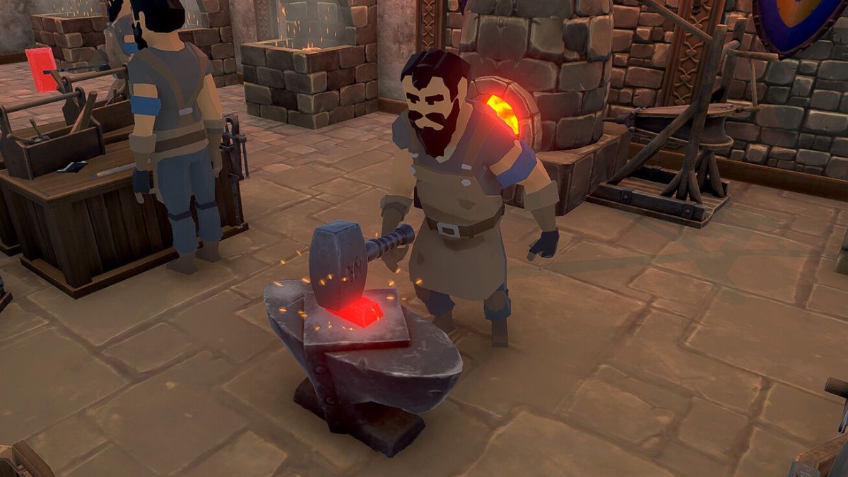 A Blacksmith in Blacksmith Master, working the Anvil.