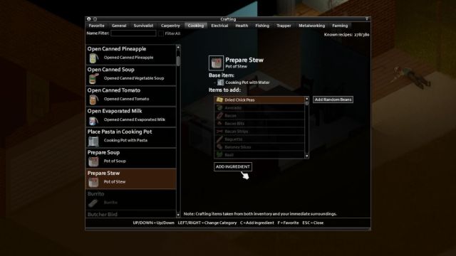 A player preparing stew in the crafting menu of Project Zomboid