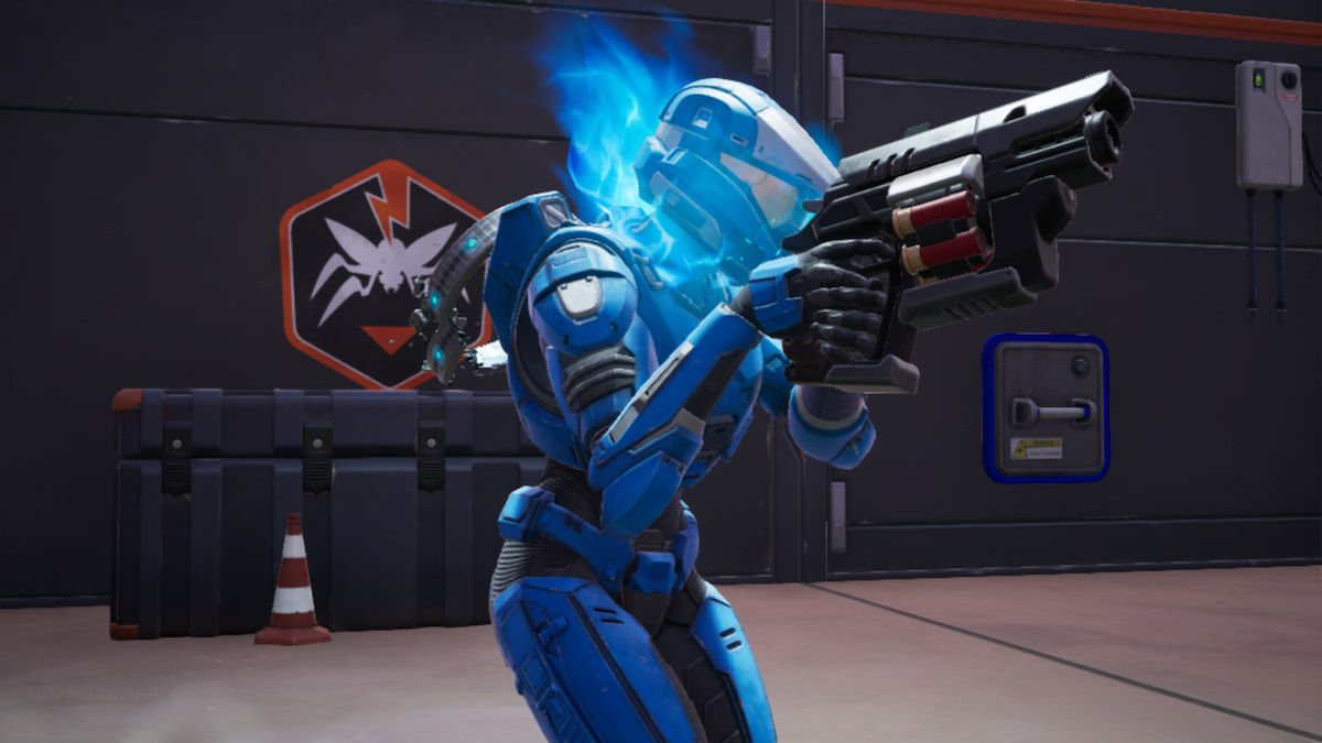 一个蓝色的斯巴达人在Fortnite的OXR掩体中拿着枪
