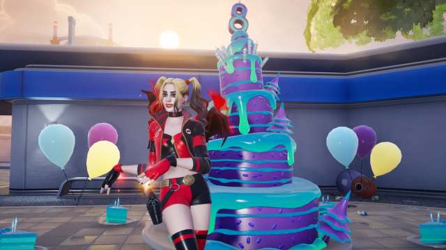 harley quinn dancing by a birthday cake in fortnite