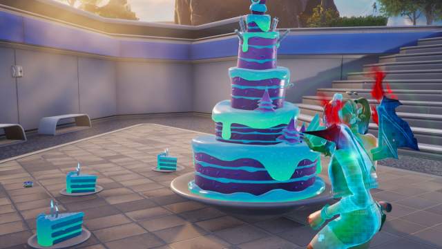 eating blue birthday cake in fortnite