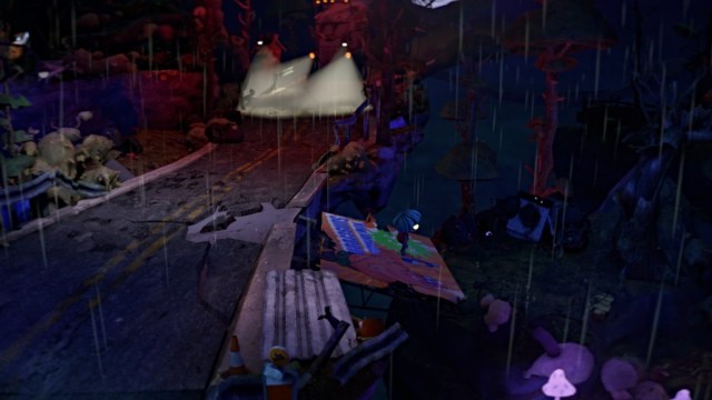 Gloomy uses a billboard as a bridge in Gloomy Eyes