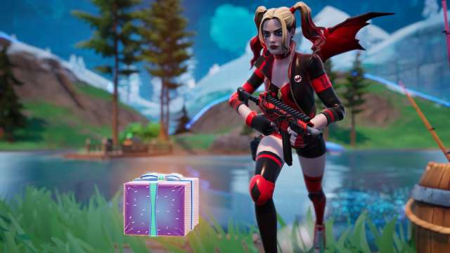 Harley Quinn running by a present in Fortnite