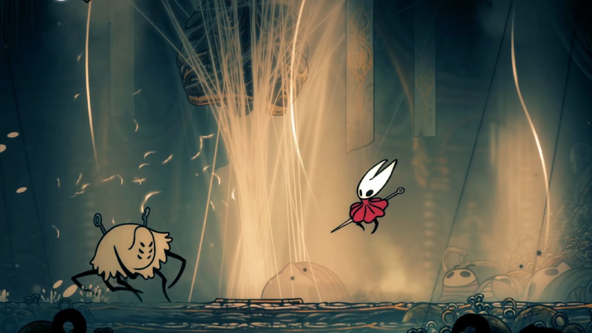 Hollow Knight Silksong Widow Boss lucha contra los hilos de campana vertical desde el ataque del techo