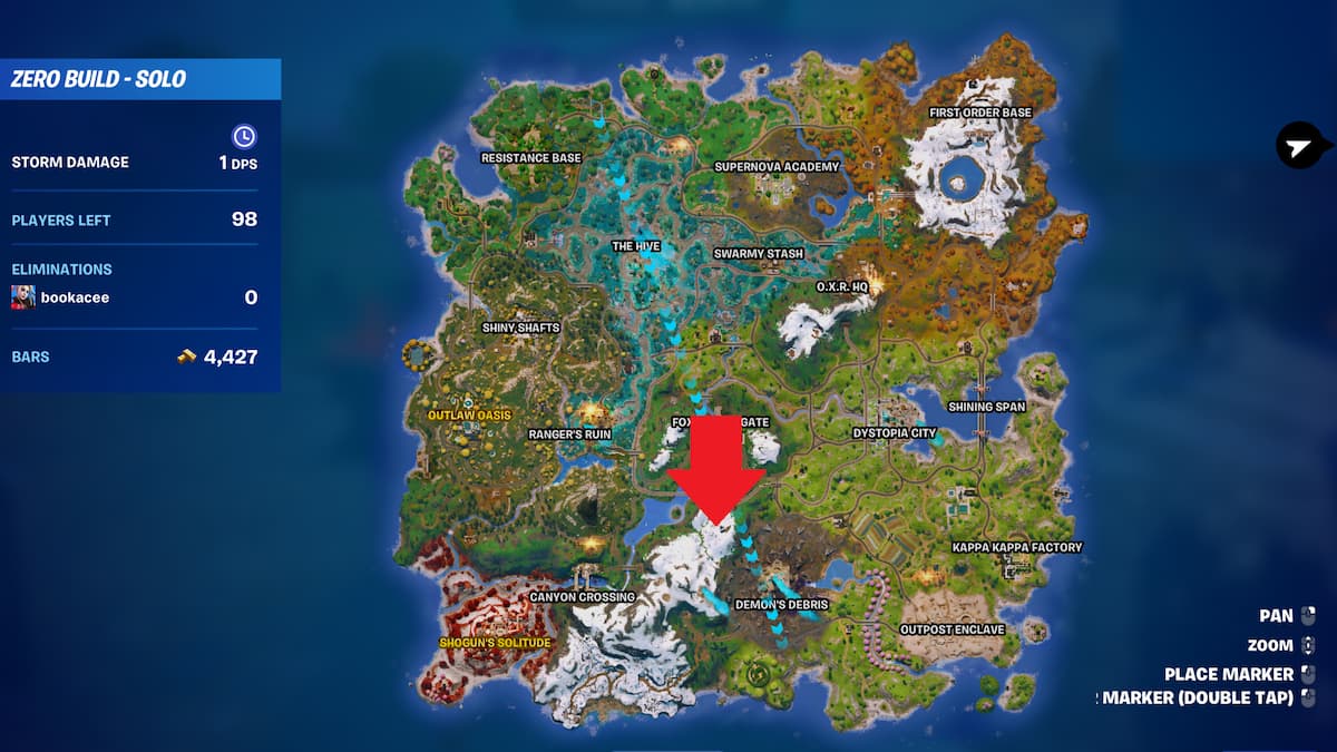 Ubicación misteriosa en las montañas marcadas en el mapa en Fortnite