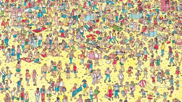 A bunch of people at the beach with waldo hidden among them in i'm, not a robot
