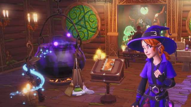 A witch by a cauldron and some brooms in disney dreamlight valley