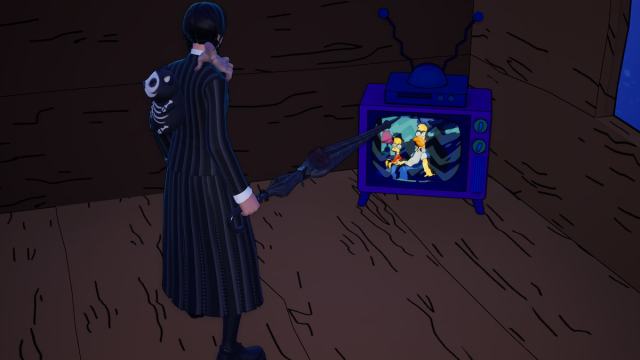 Wednesday looking at tv playing the simpsons in fortnite