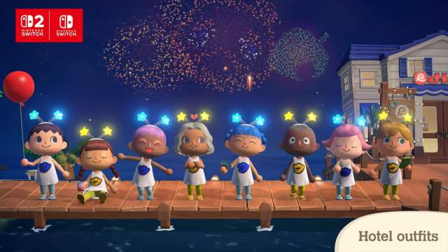 Villagers wearing hotel outfits in animal crossing new horizons