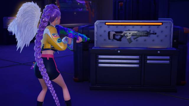 Rumi looking at legendary weapon case in fortnite