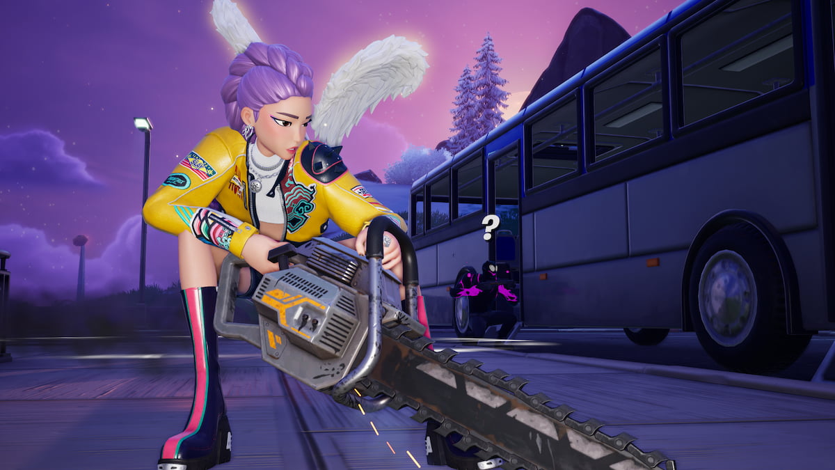 Rumi kneels next to a Fortnite bus with a chainsaw and an expert behind him.