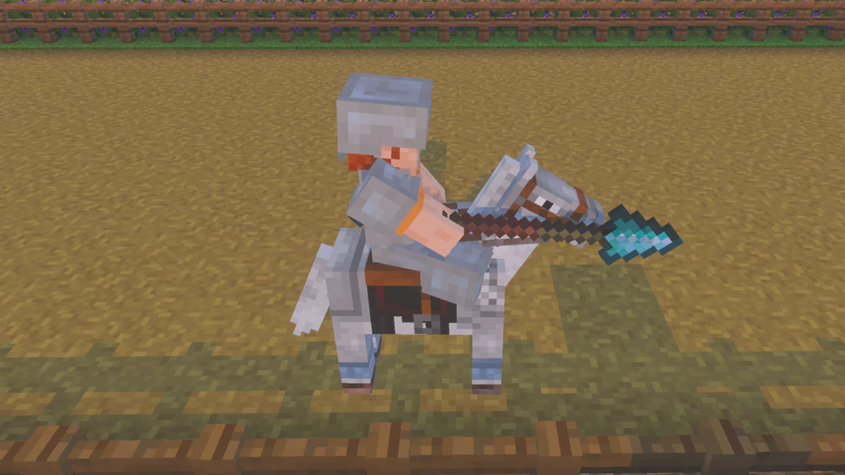 Player riding a horse using a spear in Minecraft