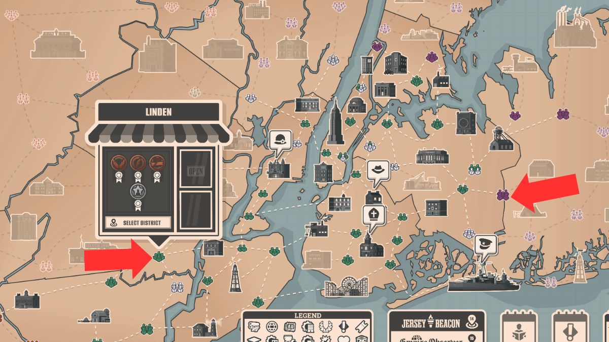 Distritos de agencias de noticias en el mapa, donde el jugador puede obtener primicias, resaltados en un mapa.