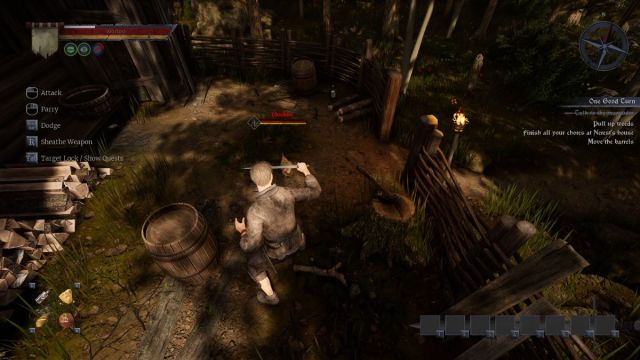 A player has his sword drawn while facing off against a chicken in Of Ash and Steel.