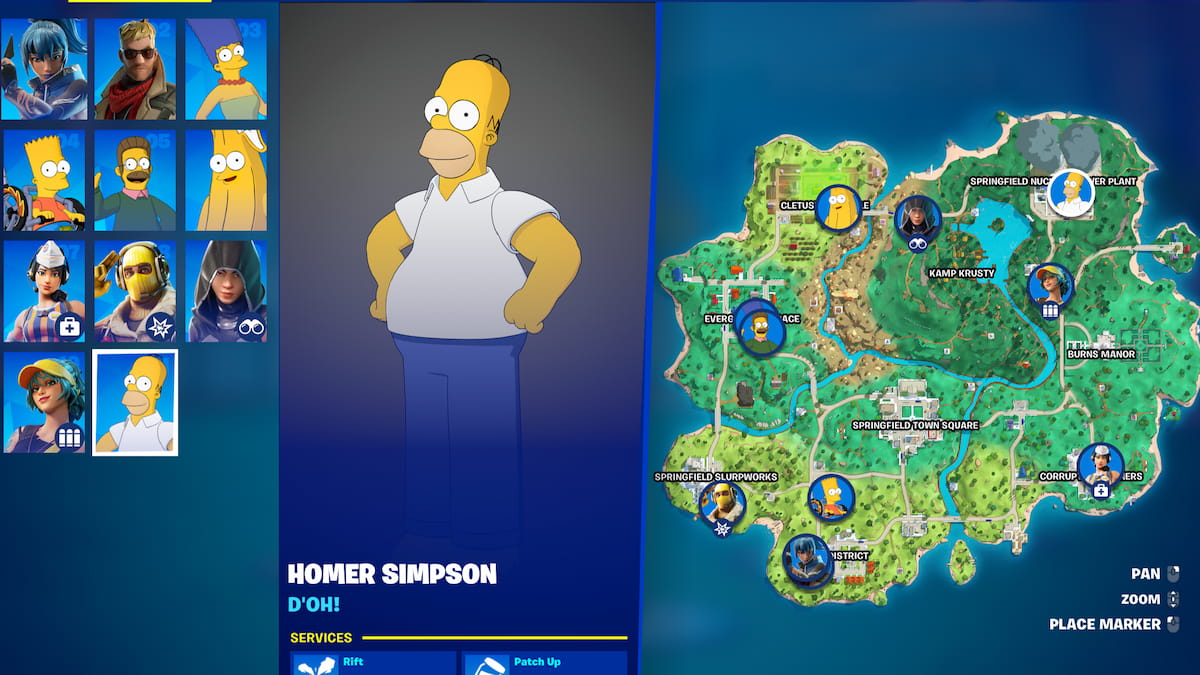 Todos los personajes npc en el mapa en fortnite simpsons