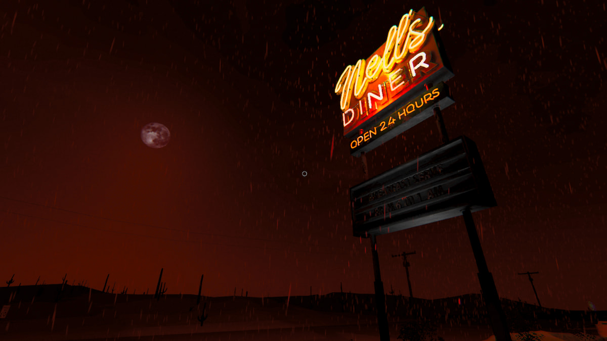 Nell's diner sign with blood moon red sky behind it in phasmophobia