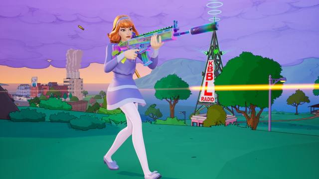 Daphne shooting in front of KBBL Radio Tower in Fortnite Simpsons