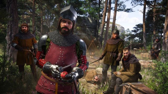 A scene where a number of armored men stare at the player in Kingdom Come Deliverance 2.