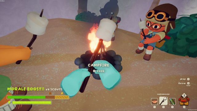 Players sit around a campfire with marshmallows in PEAK.