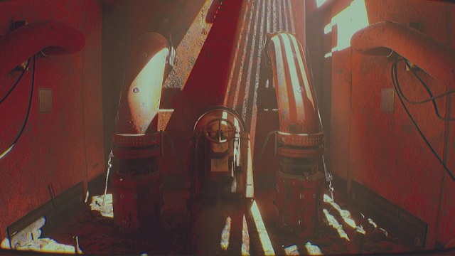 Routine large red pipes with valve wheel in middle