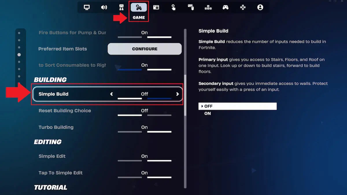 Turn off simple builds in Fortnite