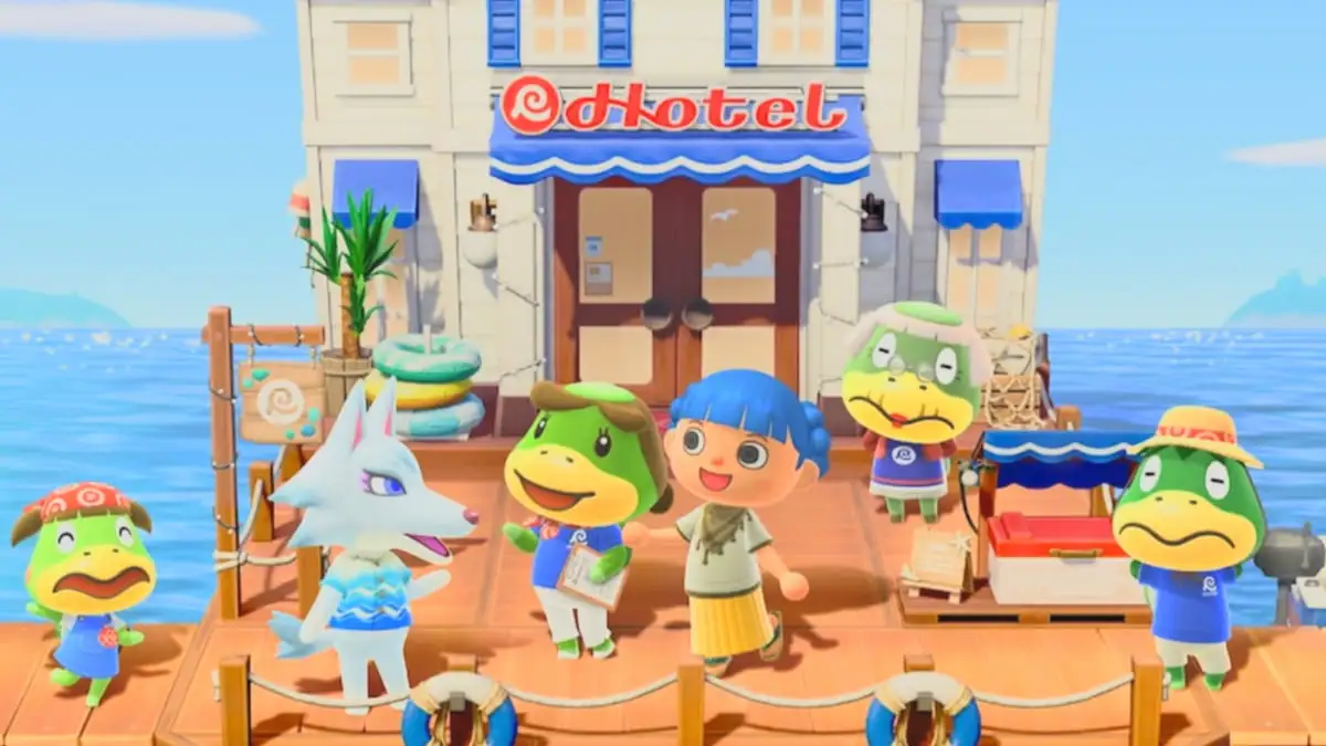 Player standing with characters outside hotel in animal crossing new horizons