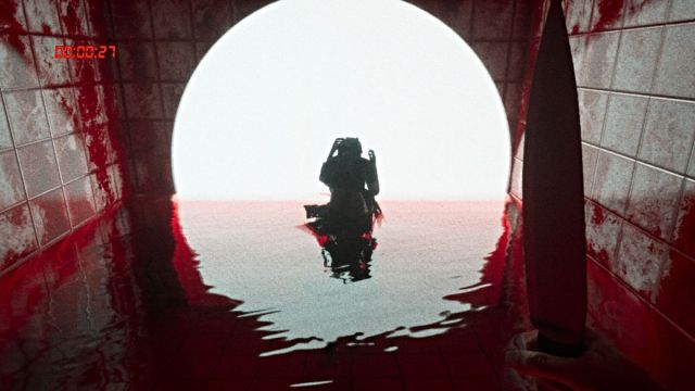 Aki crouching by a light in BrokenLore: UNFOLLOW