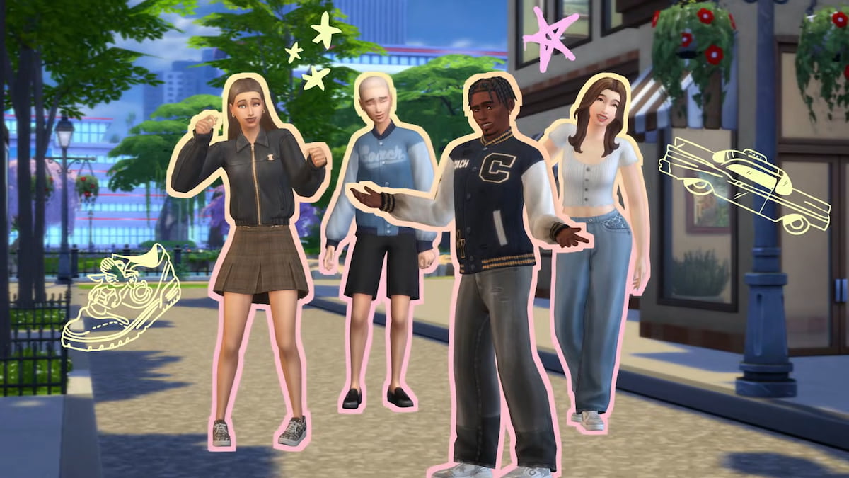 Four Sims wearing Coach items in the sims 4