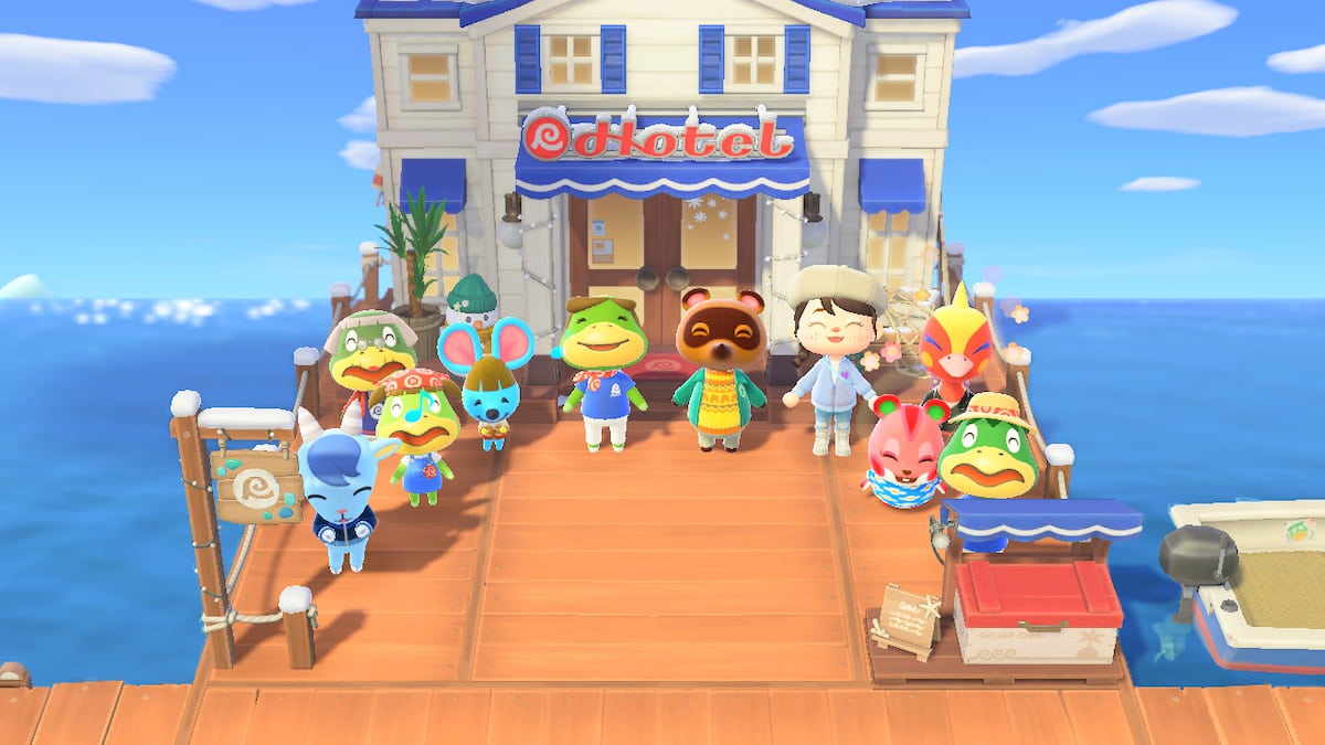 Standing on pier in front of hotel with villagers in animal crossing new horizons