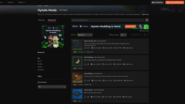 Hytale Curseforge page 200+ mods
