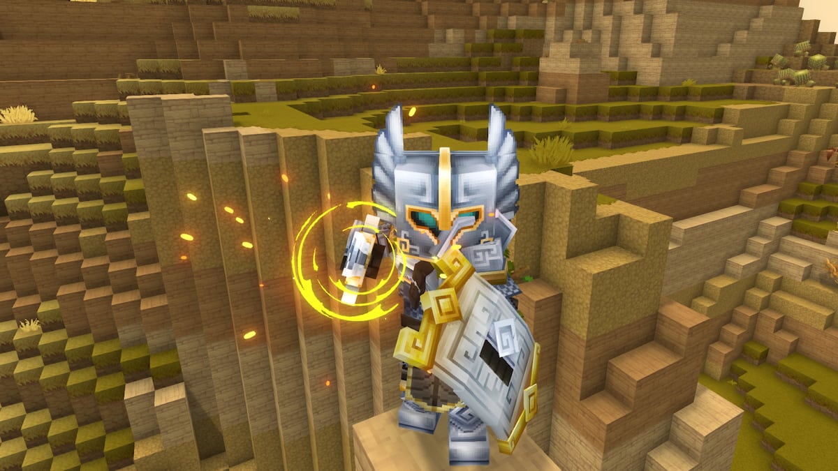 Fully armored player holding sword and shield in hytale