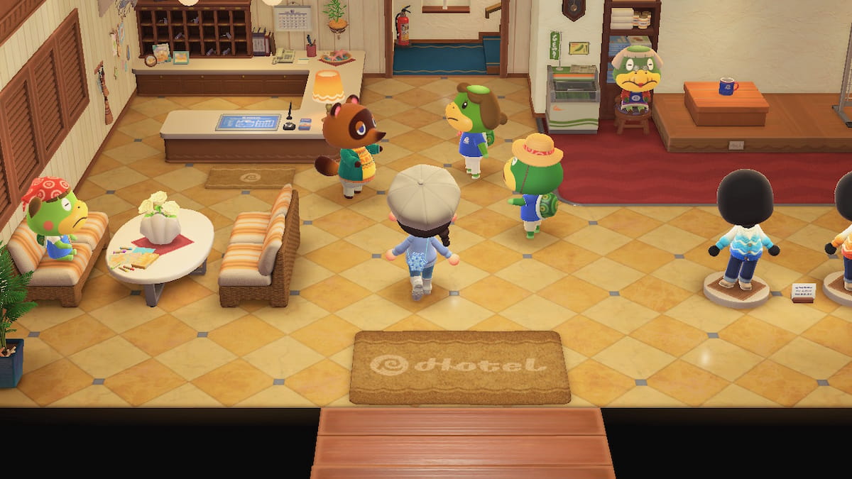 Enter the hotel in Animal Crossing