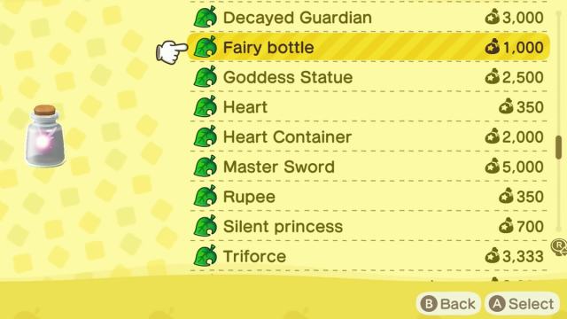 Some zelda items in shop in animal crossing