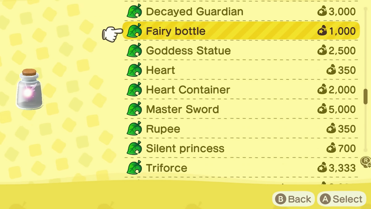 Some of the Zelda items in the Animal Crossing shop