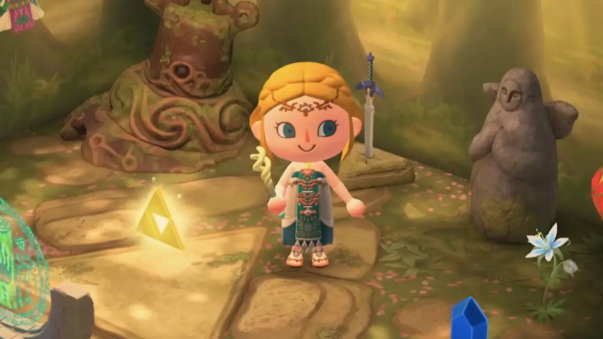 A player wearing zelda items and surrounded by zelda items in animal crossing new horizons