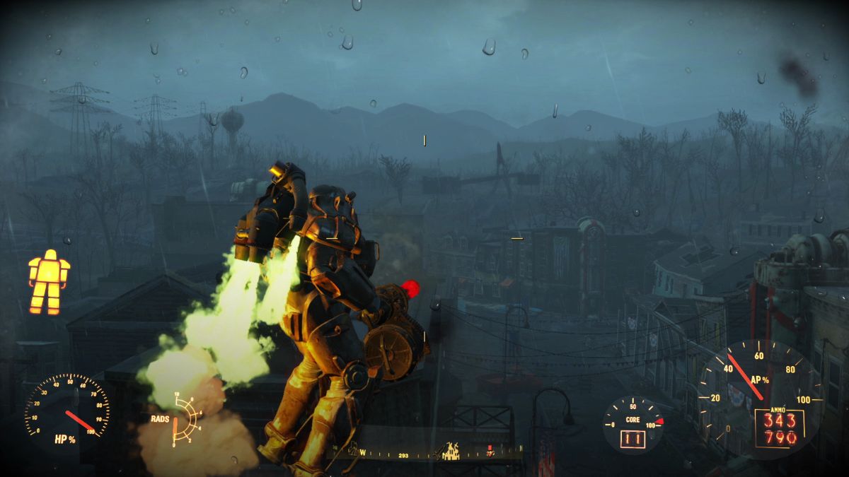 A player flies around in a mech suit in Fallout 4.