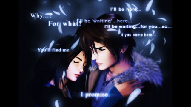 Squall and Rinoa share an embrace during the opening sequence of Final Fantasy 8. 