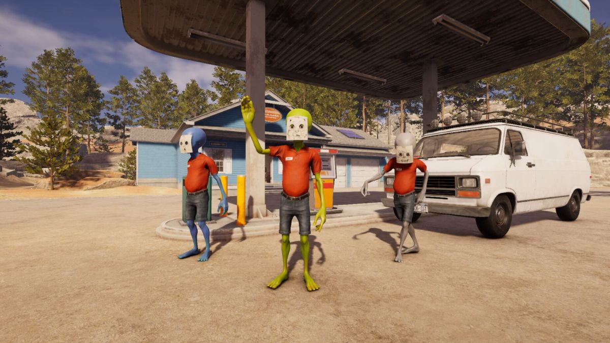 Three aliens at a gas station in Roadside Research.