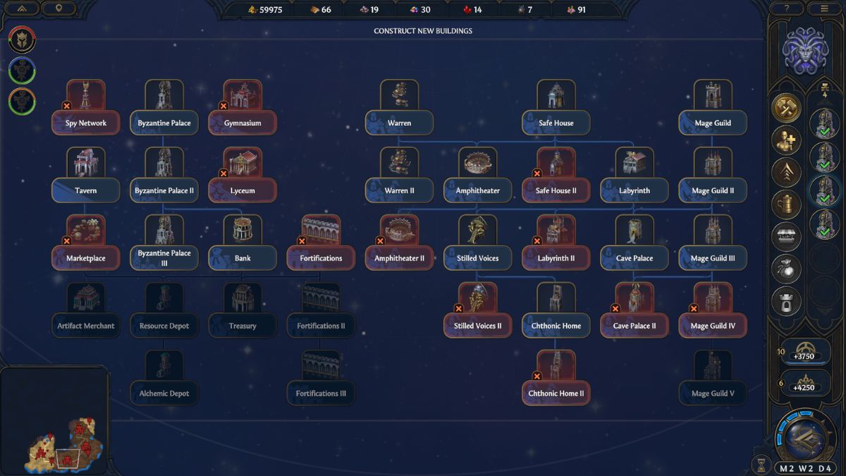 La schermata dei potenziamenti della città in HoMM: Olden Era.