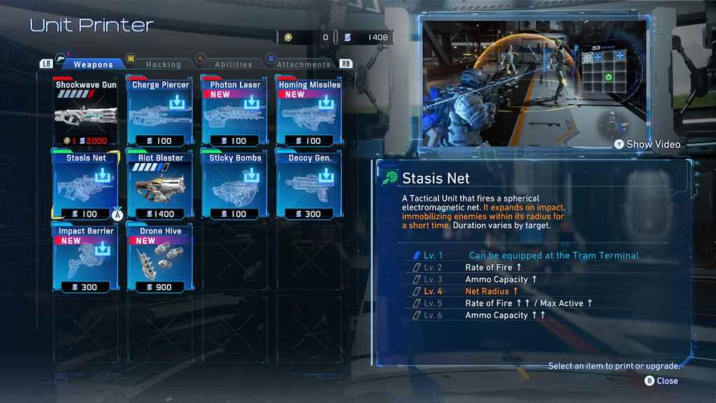 Unit Printer em Pragmata mostrando a arma Stasis Net no nível 1