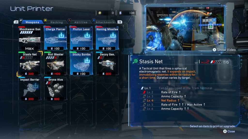 Unit Printer mostrando a opção de evolução da arma Stasis Net