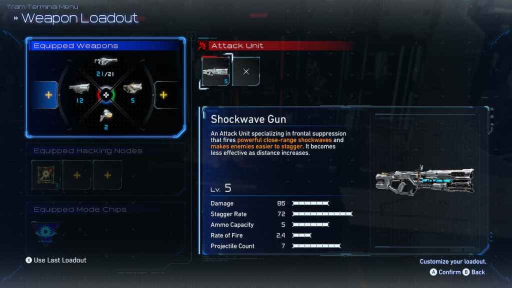 Menu de carga no Tram Terminal mostrando a arma Stasis Net desbloqueada