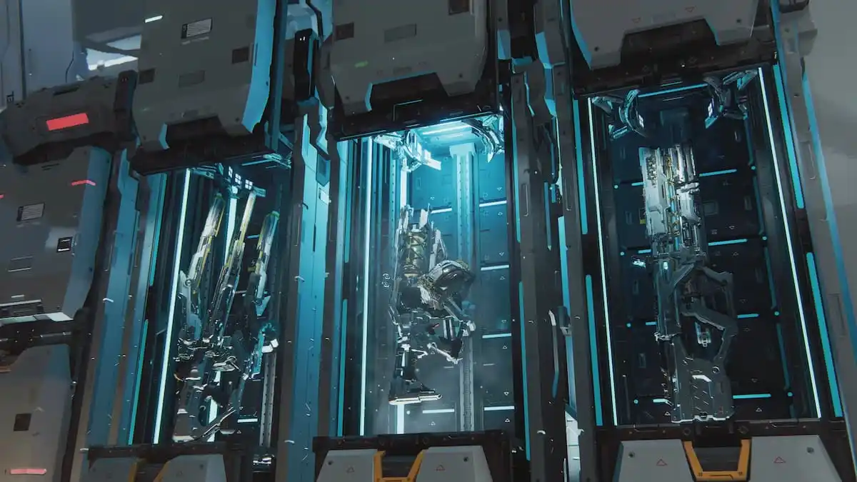 Different weapons at the Tram Terminal in Pragmata